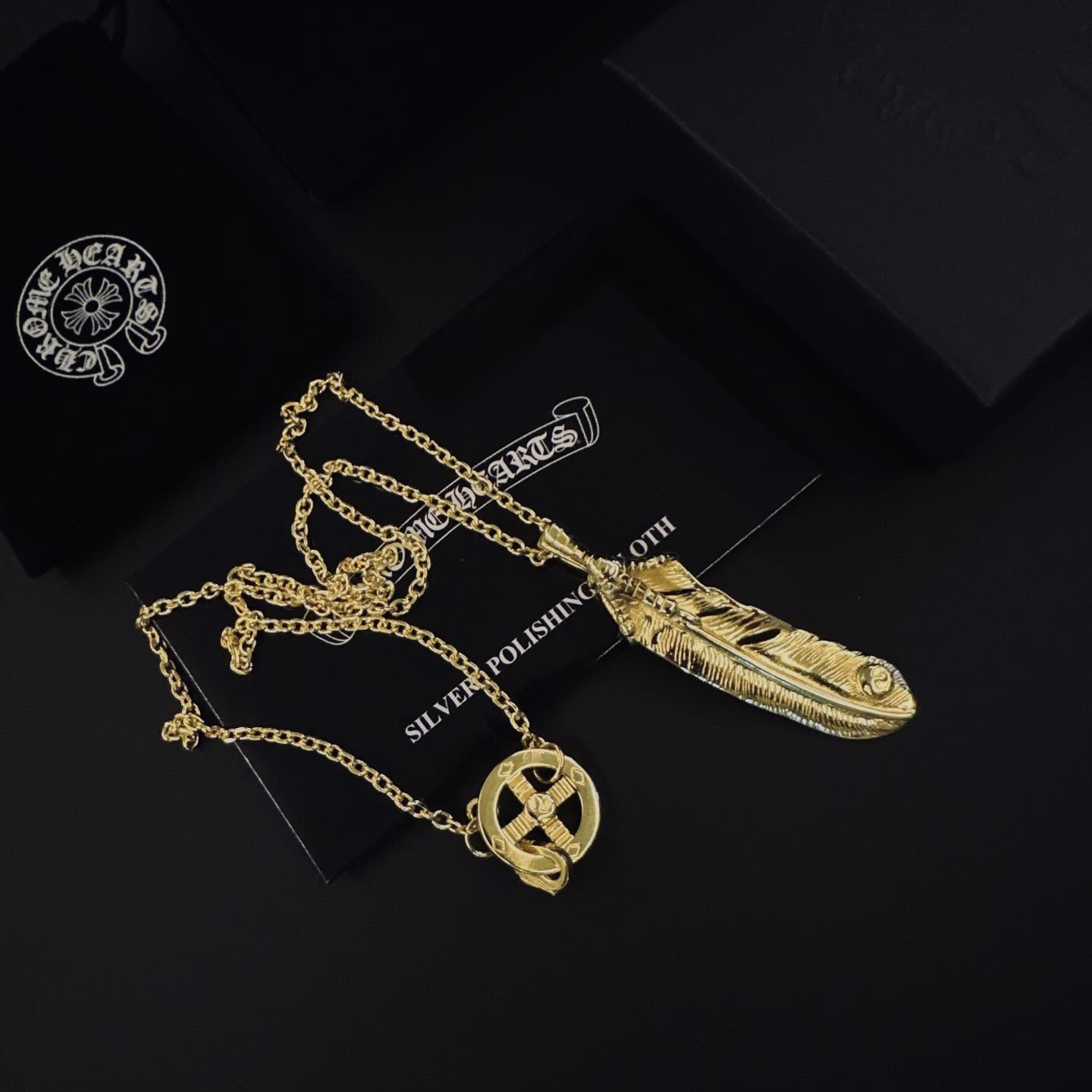 Chrome Hearts Gold Feather and Cross Pendant Necklace